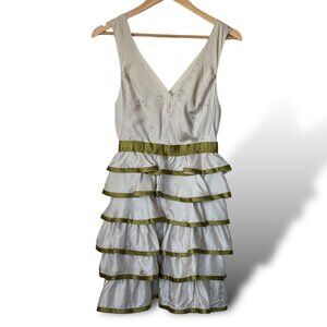 Meghan Los Angeles GreenTaupe Silk Sleeveless Tiered Ruffle Dress Size 6 Big Bow